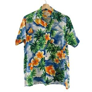 Vintage‎ Tropical Fashion by Watanmal Hawaiian Tropical Blue Button Down Flower